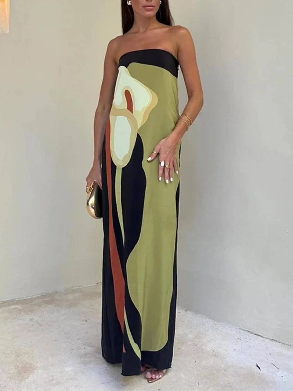 AbstraktLux | Elegantes Bandeau-Maxikleid mit Kunst-Print