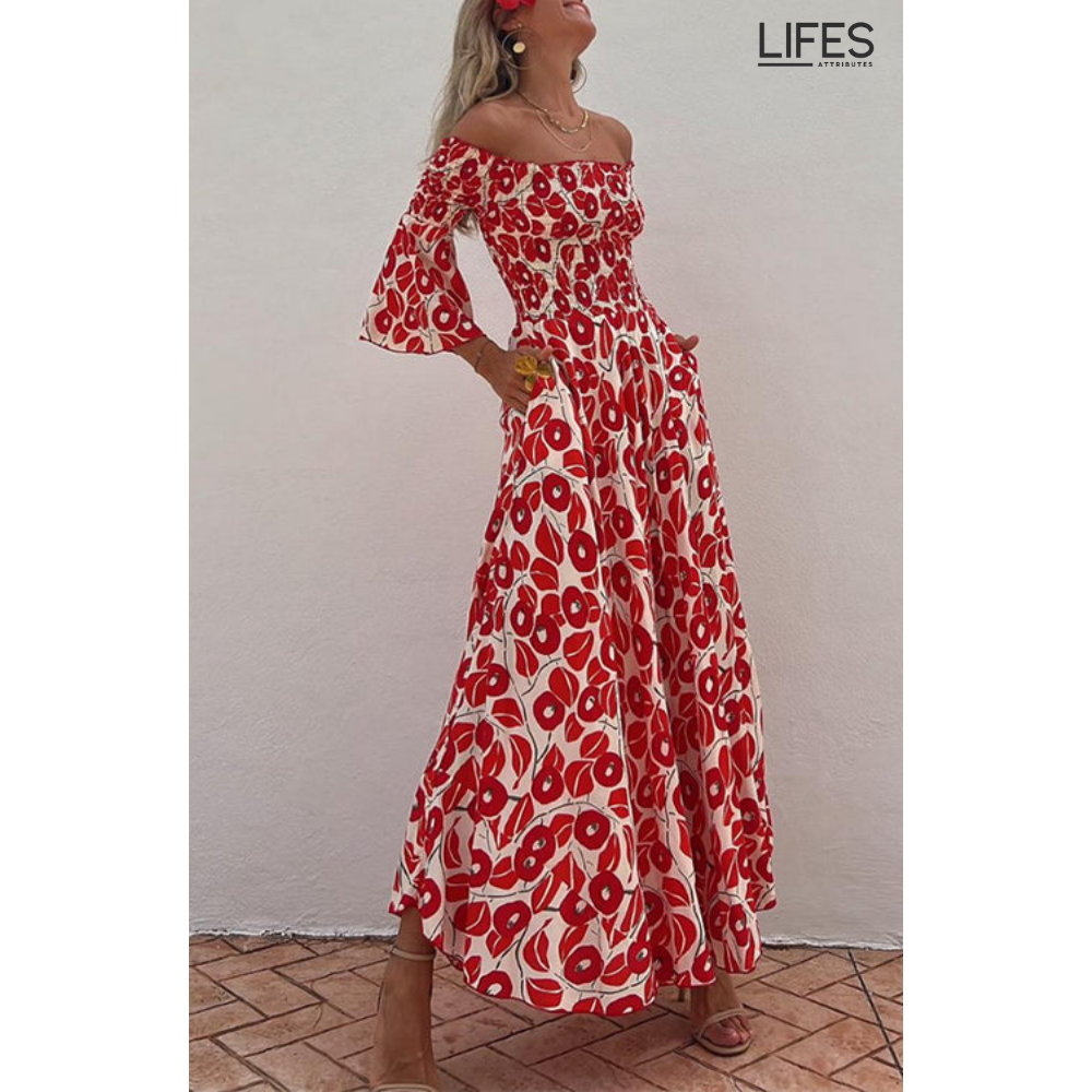 Boho-Stil | Off-Shoulder-Maxikleid mit Glockenärmeln und Blumenmuster