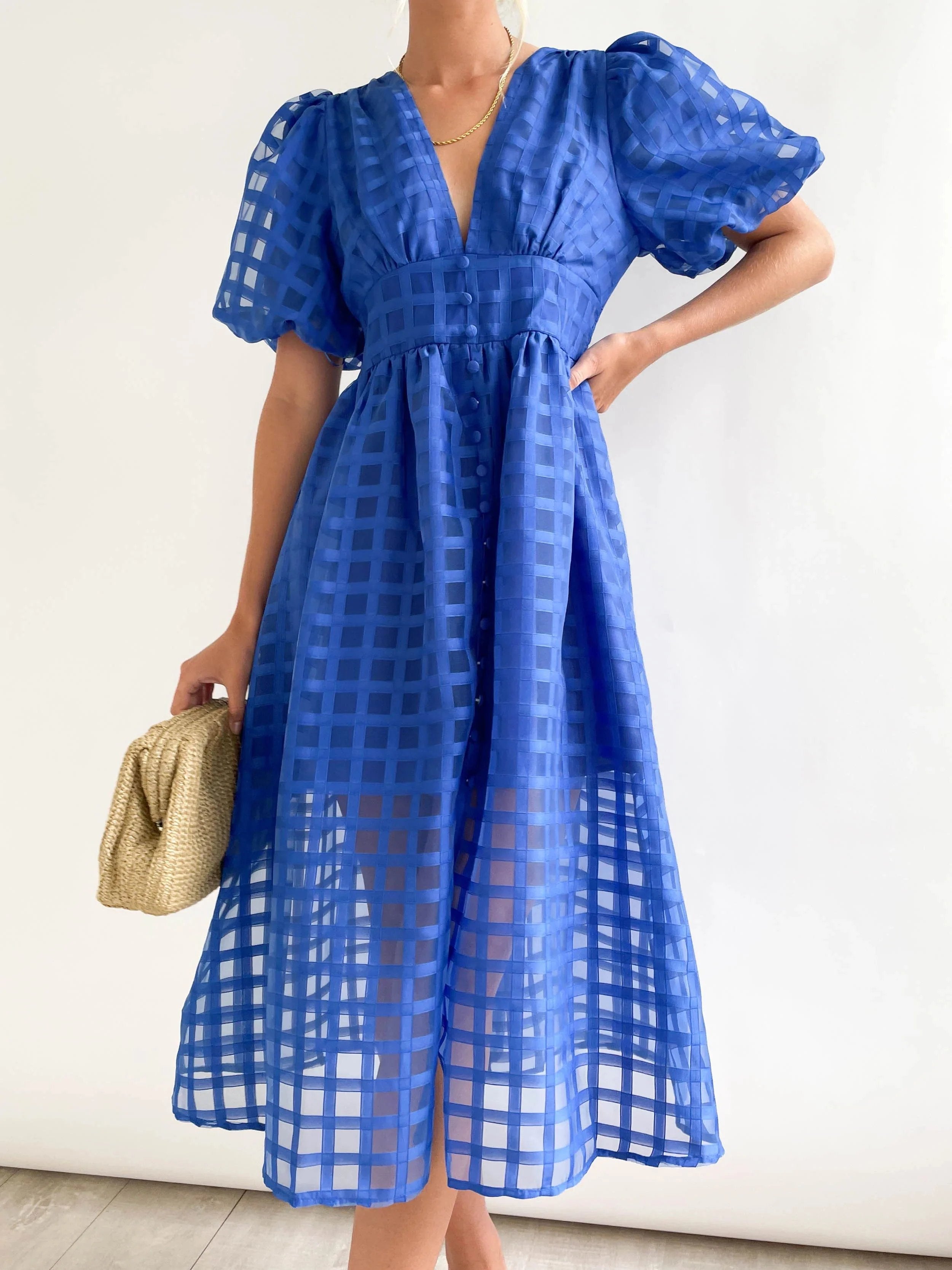 ChicSquares | Midikleid mit Puffärmel