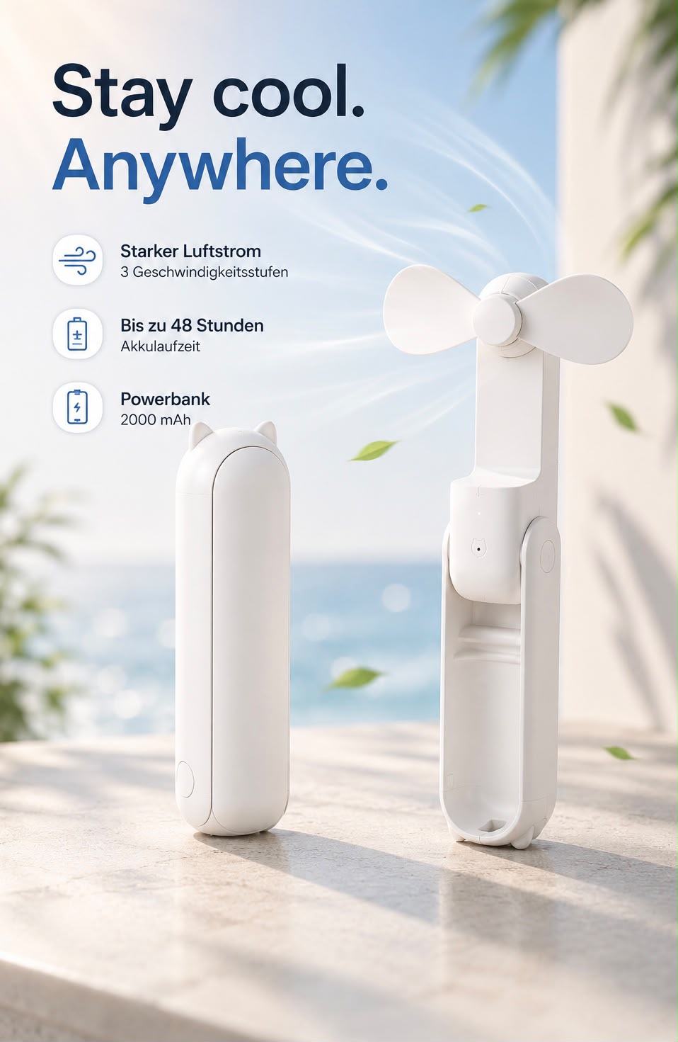 Mini-Handventilator – starker Luftstrom, 48 Std. Akku, Powerbank