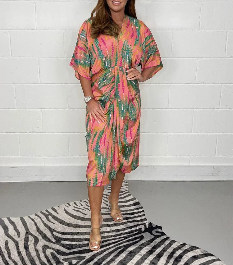 EthnoGlanz | Kimono-Midikleid mit Geometrischem Ethno-Print