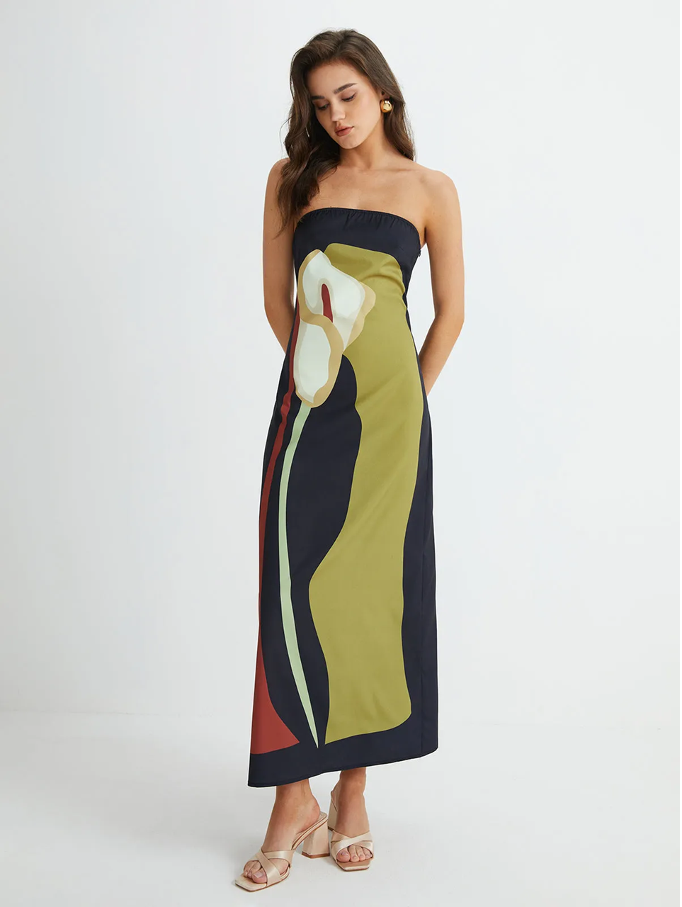 AbstraktLux | Elegantes Bandeau-Maxikleid mit Kunst-Print