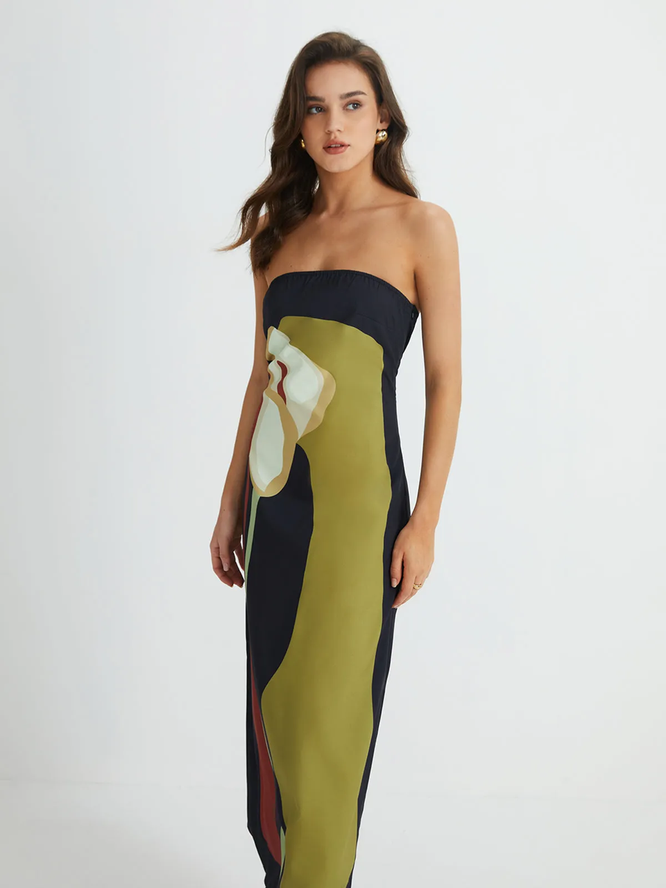 AbstraktLux | Elegantes Bandeau-Maxikleid mit Kunst-Print