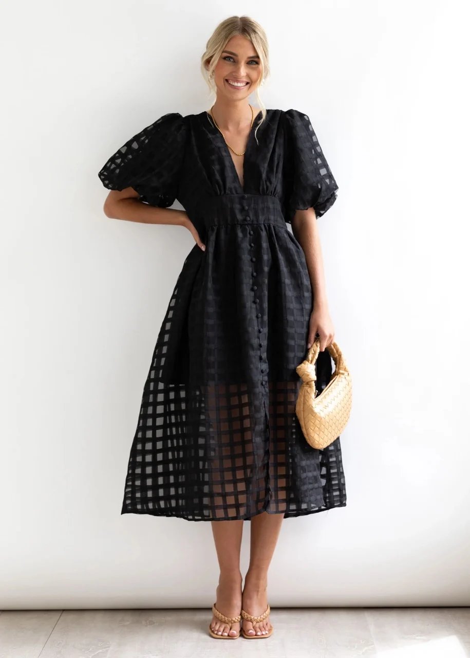 ChicSquares | Midikleid mit Puffärmel
