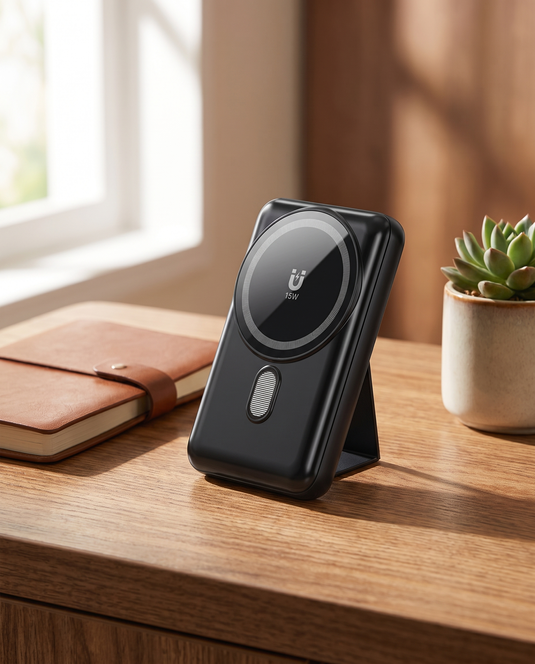 Borket MagCharge Powerbank mit Ständer auf dem Schreibtisch – Lifestyle