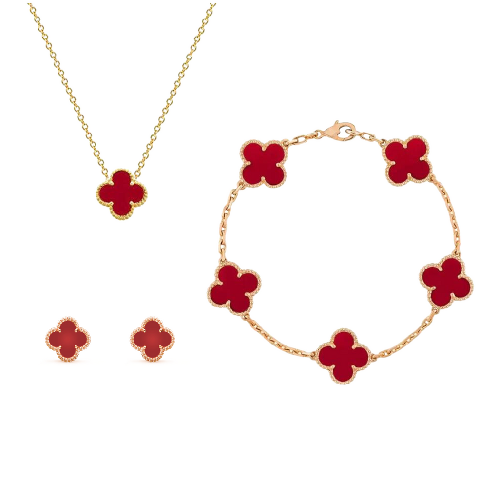 Kleeblatt Schmuckset Damen – Marika Clover Glücksbringer-Schmuck | Elegantes Set in Gold, Grün & Rot