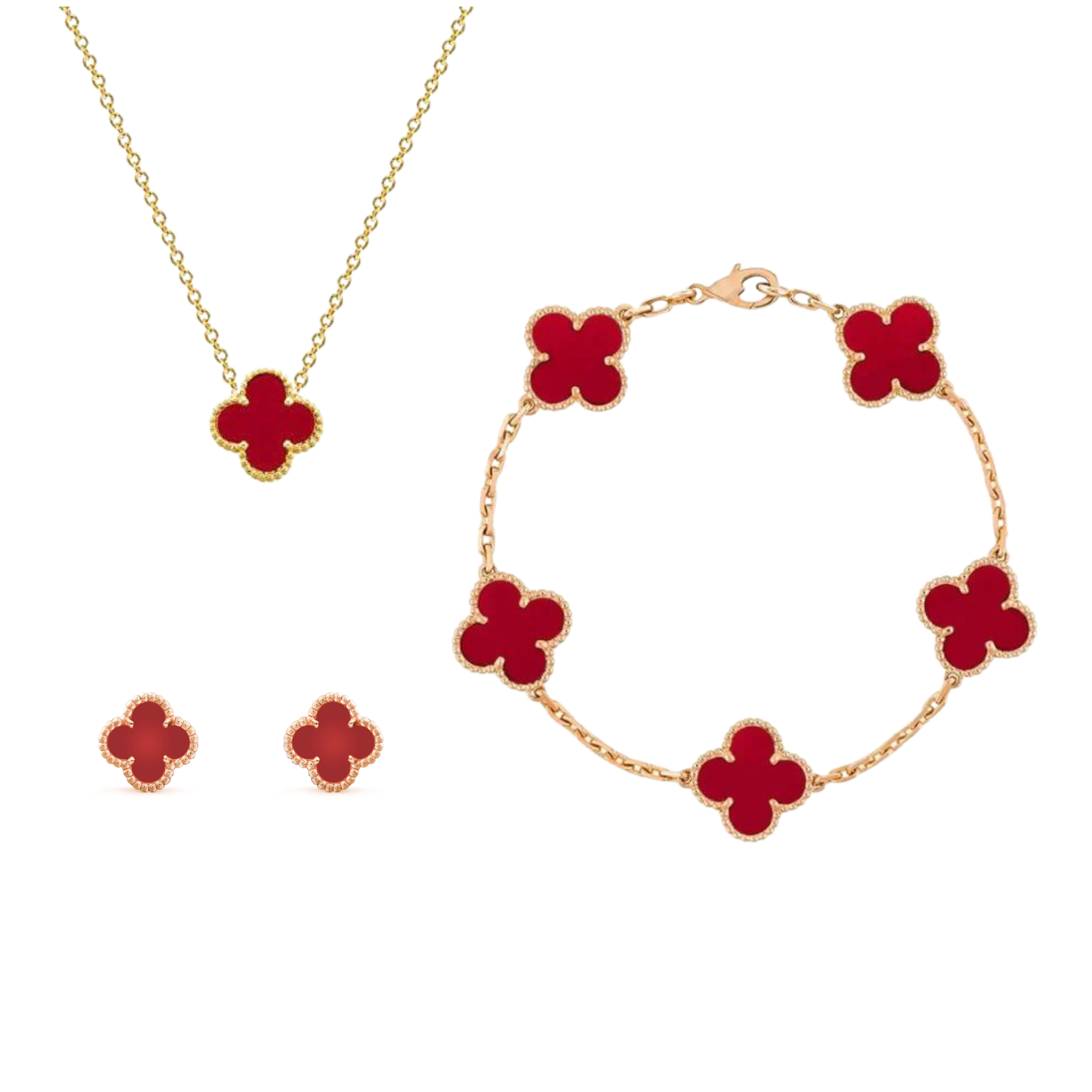 Kleeblatt Schmuckset Damen – Marika Clover Glücksbringer-Schmuck | Elegantes Set in Gold, Grün & Rot